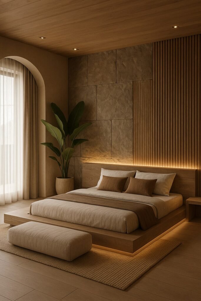 low light japandi bedroom with neutral colour for japandi bedroom ideas