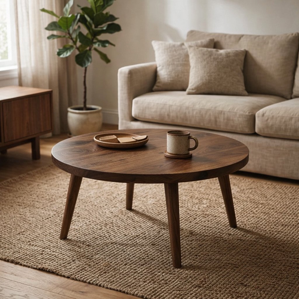 Minimalist Solid Walnut Round Coffee Table in low light japandi styled living room