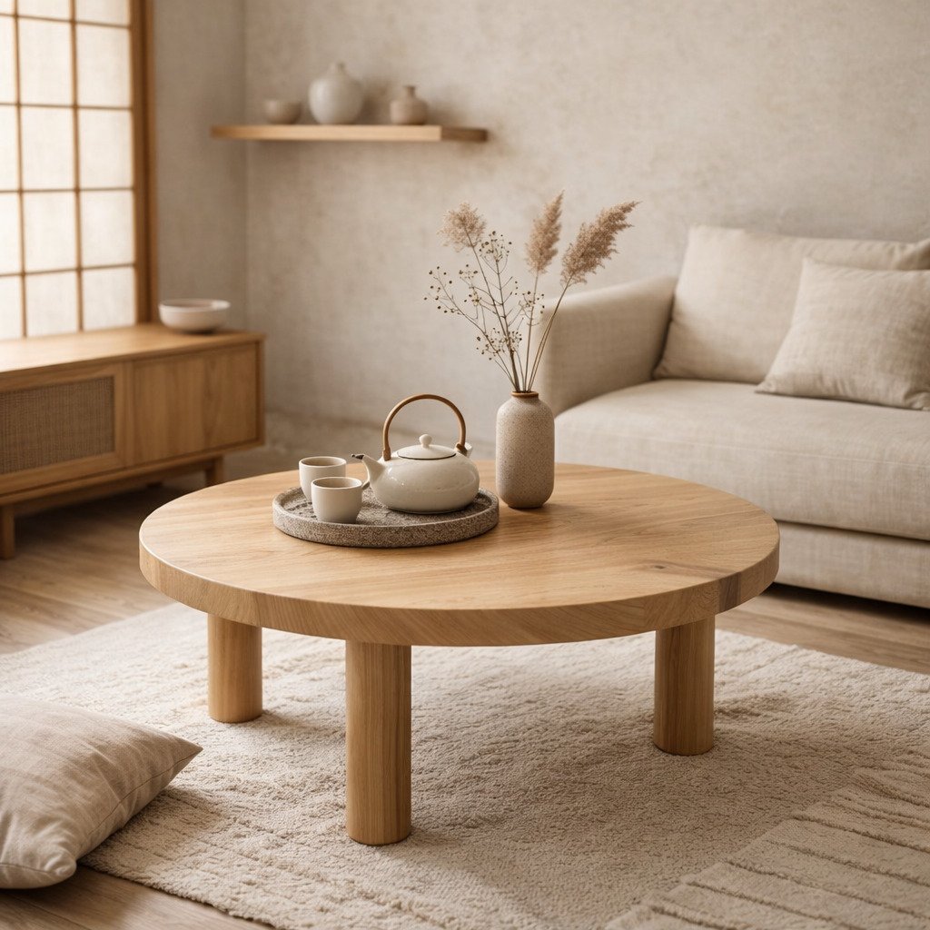 Round Wooden Coffee Table – Handmade Walnut Wabi Sabi Style.