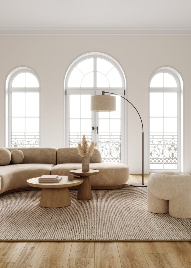 Contemporary classic white beige japandi interior with green plant tree and decor carpet background. Large modern japanese lamp and nature front view. 3d rendering illustration. High quality 3d illustration.