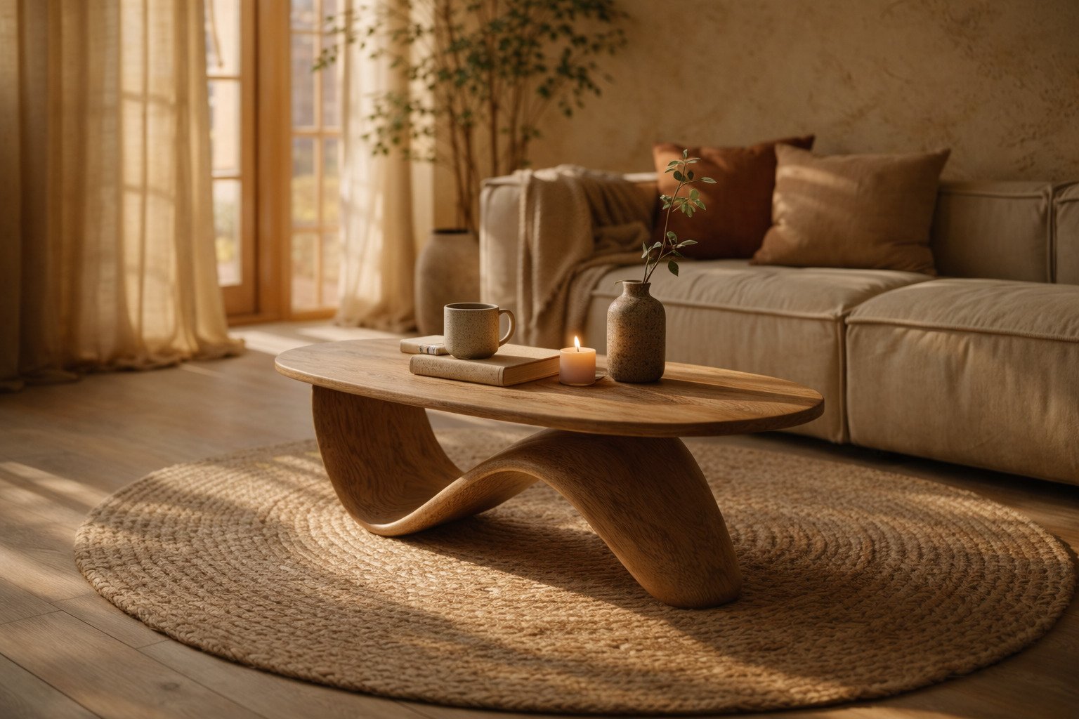 low rise japandi coffee table in low light lounge room