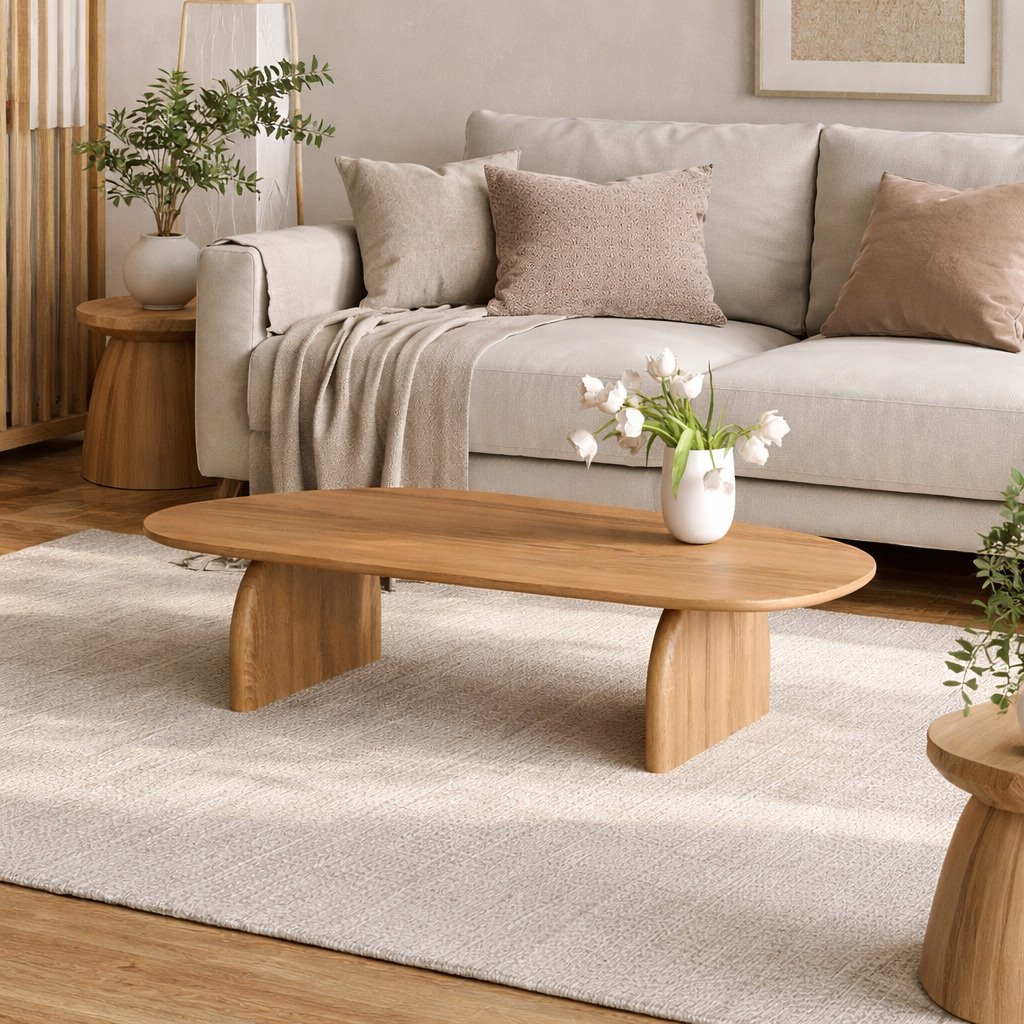 modern oak curved japandi coffee table