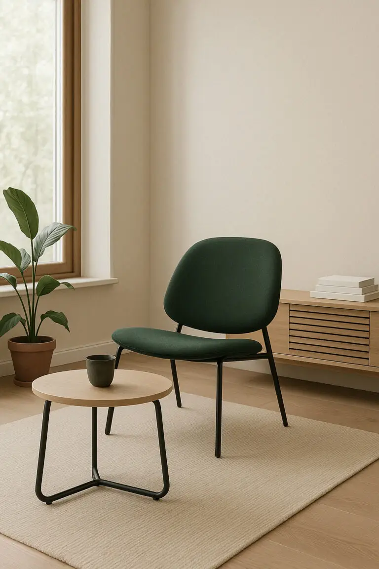 green seat with wooden and metal coffee table