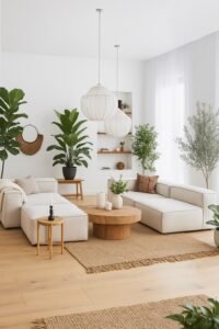 japandi lounge room with beige couch and featured plants