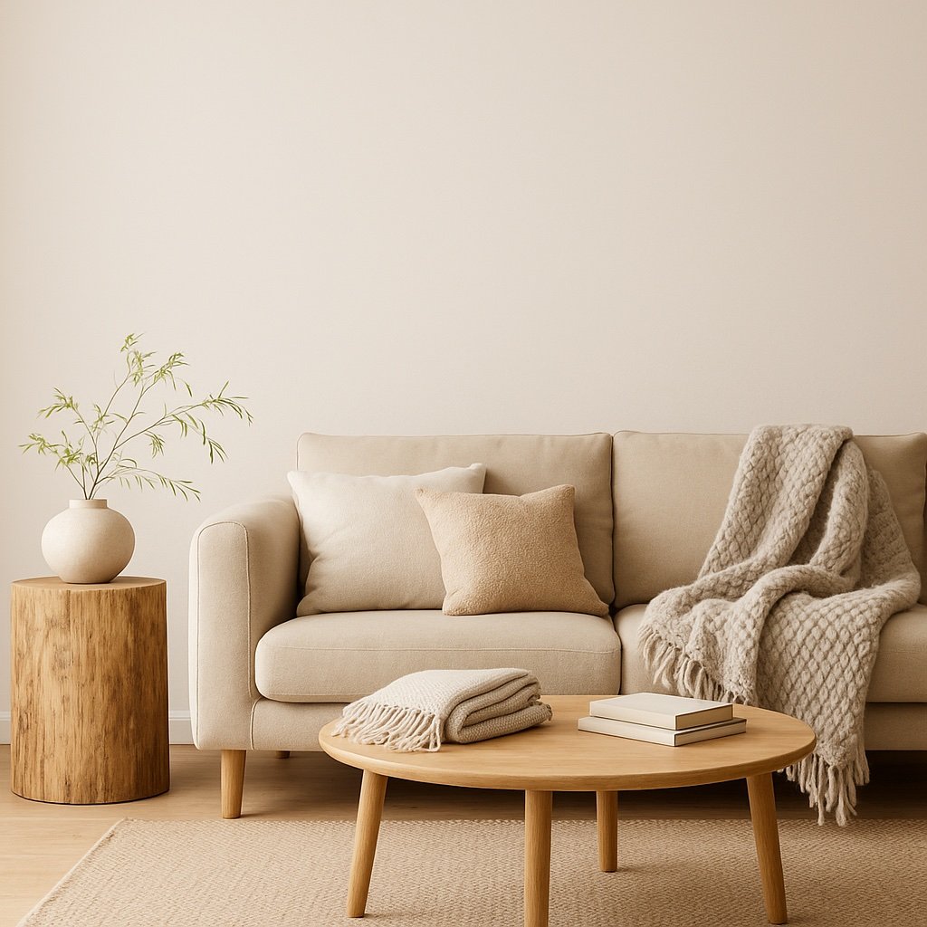 japandi decor ideas for lounge room with muted tones and textured throw