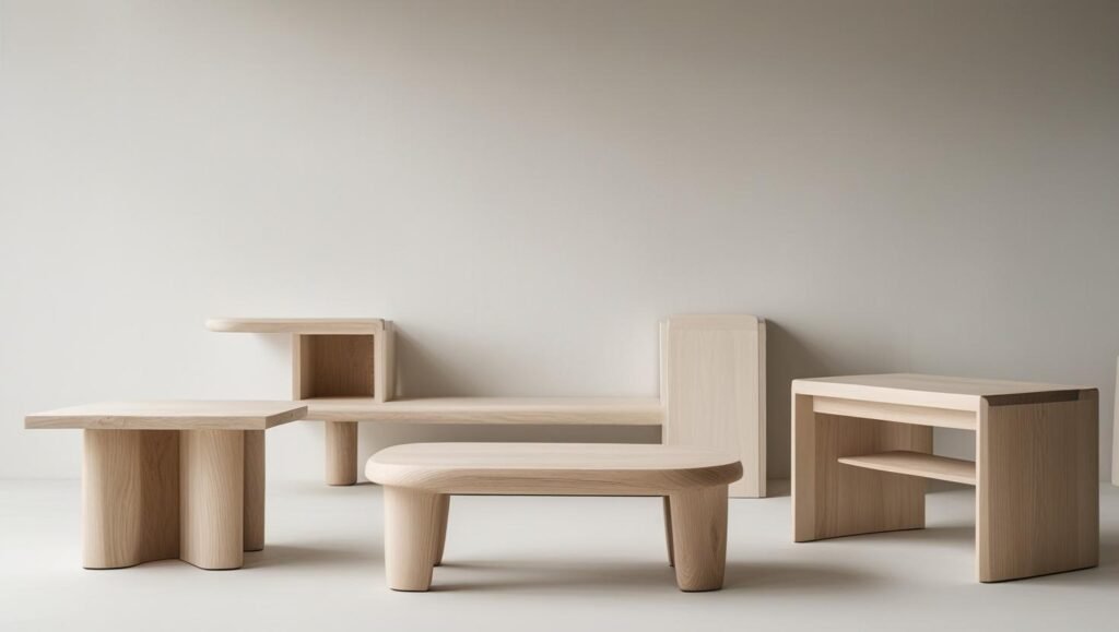 japandi living room furniture with  pale varieties like oak, ash, and beech.