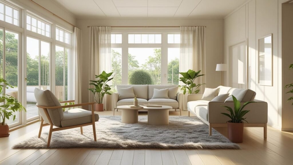 japandi living room furniture in a open space