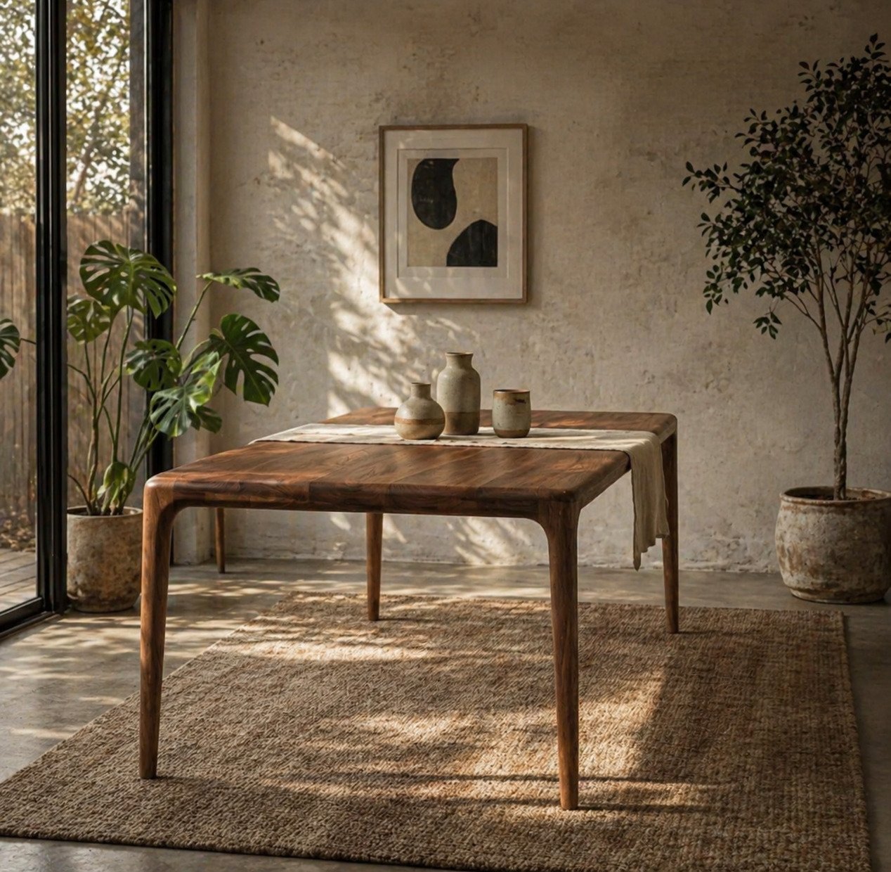 japandi dining table in low light with cermaic pot plants and ceramic decorations 
