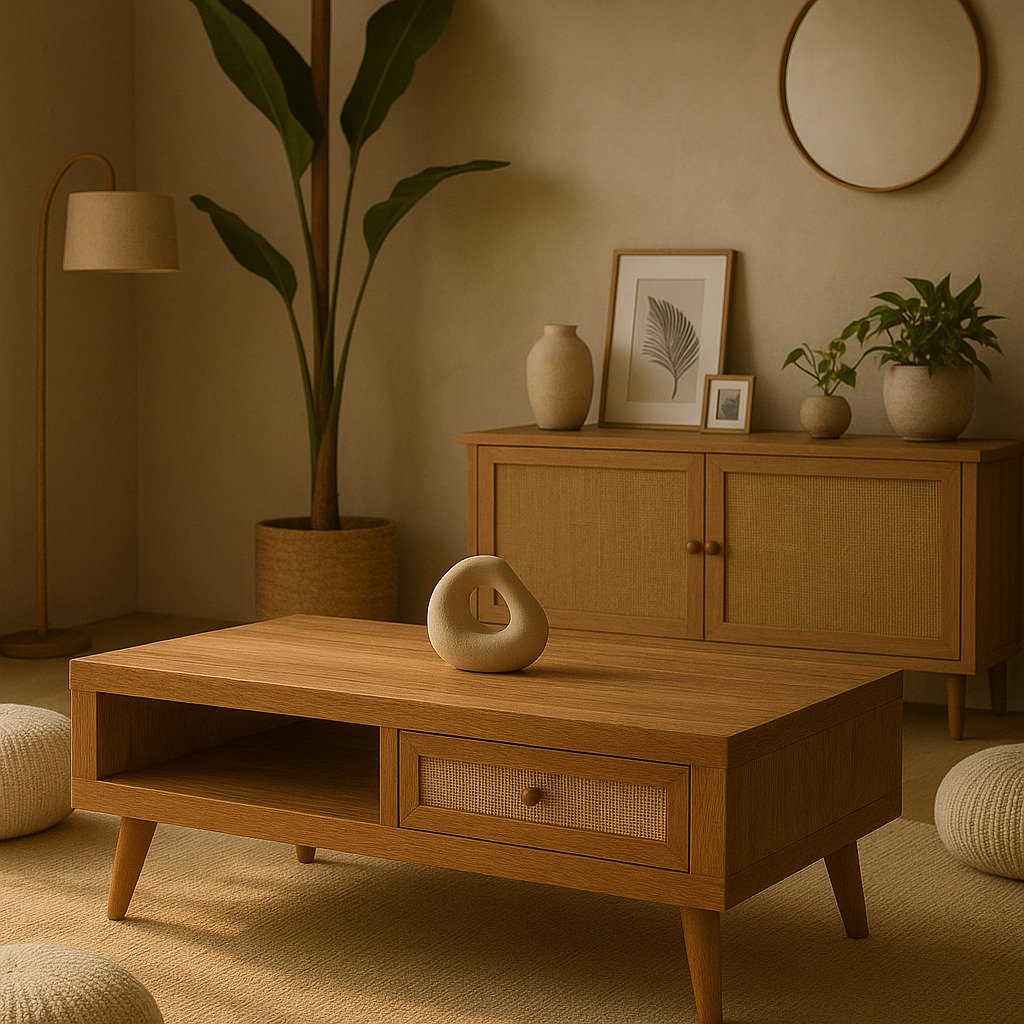 japandi style coffee table surrounded by japandi living room furniture 