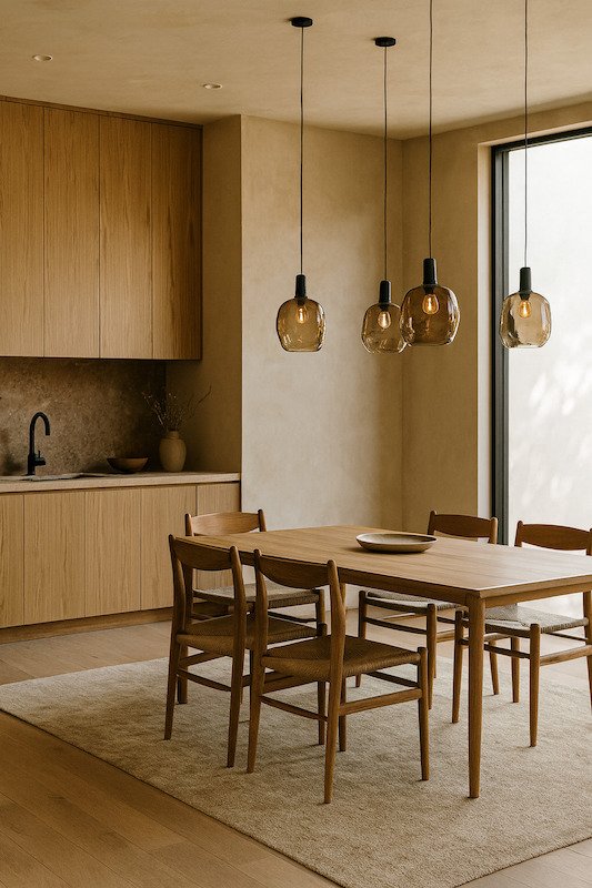 japandi dining table with low haning lights and wooden accents