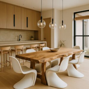 japandi live edge dining table in open plan kitichen