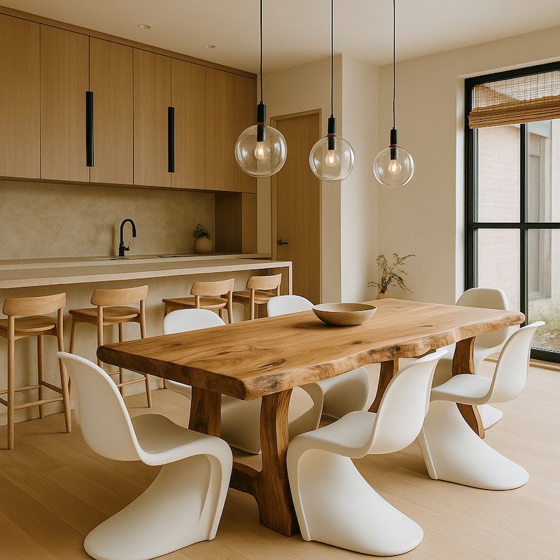 japandi live edge dining table in open plan kitichen