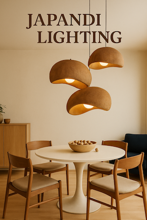 japandi style lounge room showing japandi lighting
