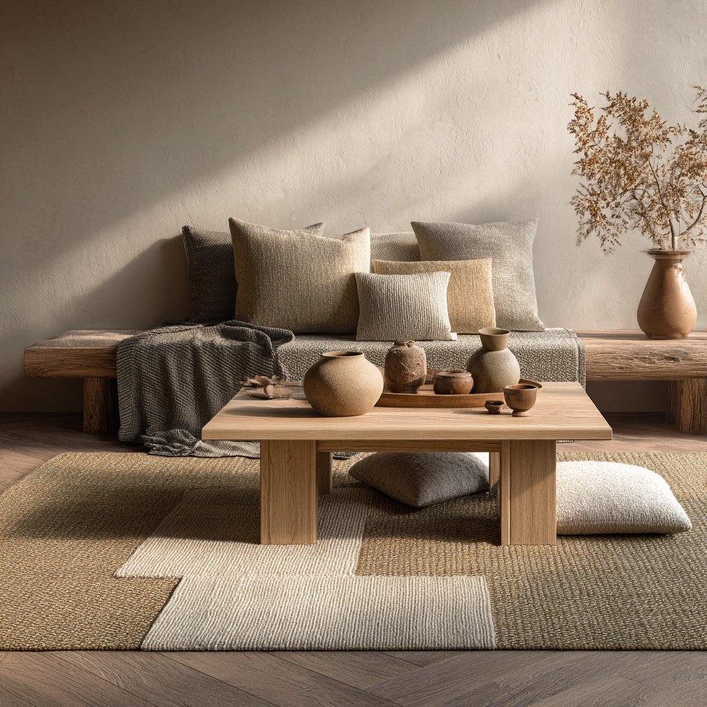 multi coloured japandi rug in muted tones