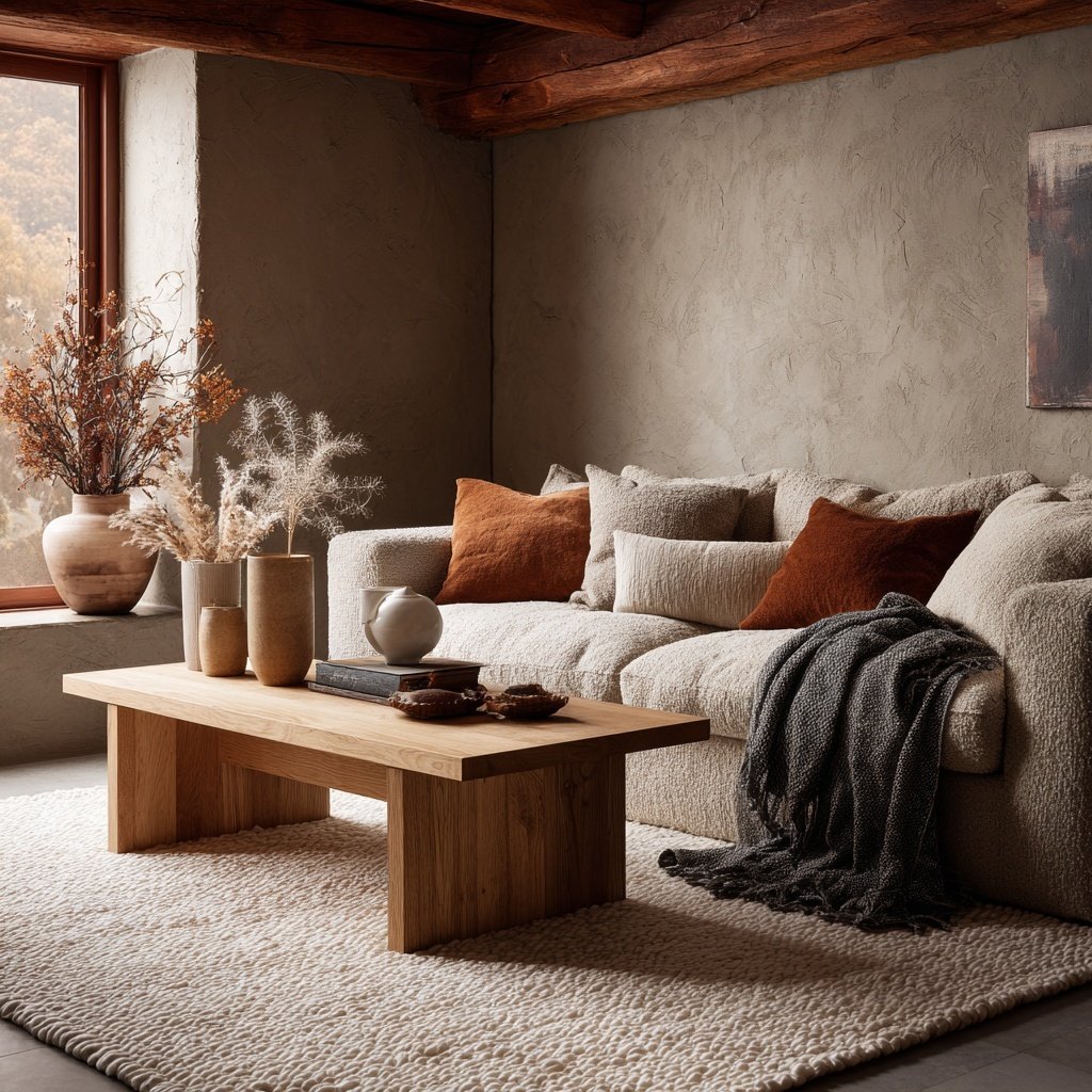 japandi rug in textured lounge room with low light