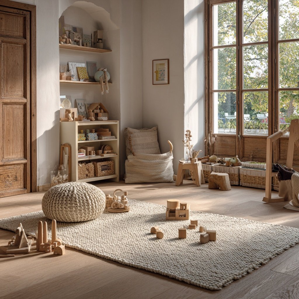beige japandi rug in childrens room with natural light