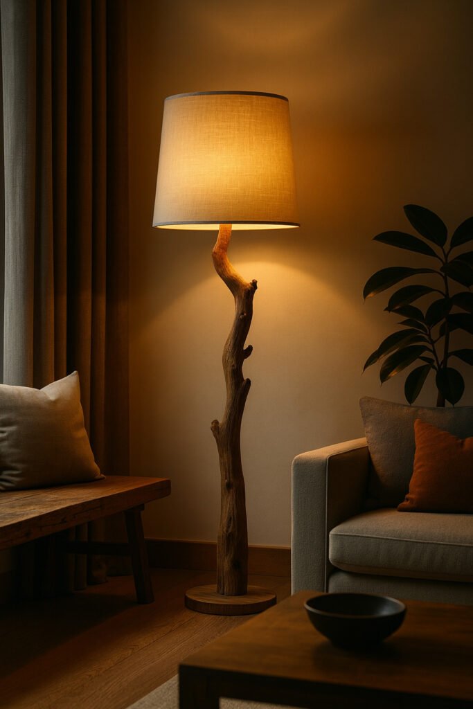 japandi floor lamp with natural tree trunk