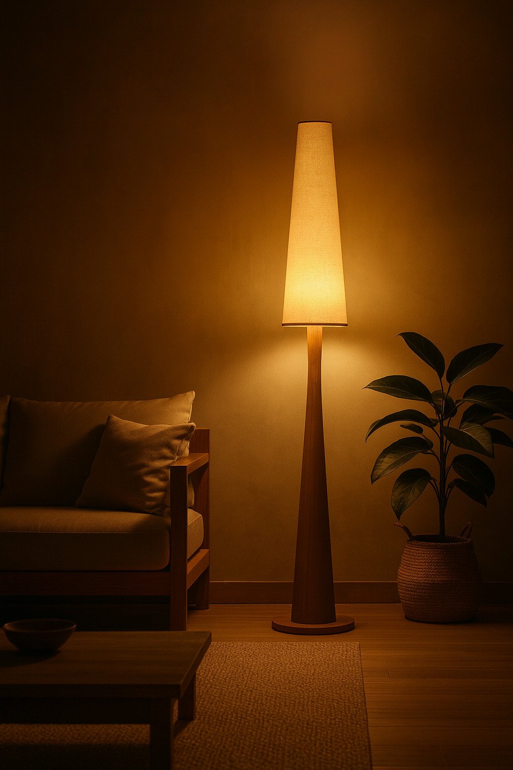 Tall Solid Wood Lamp with Fabric Shade