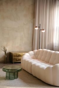 japandi interior designed lounge room in low light