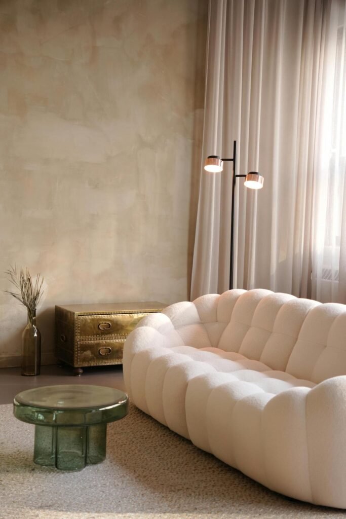 japandi interior designed lounge room in low light