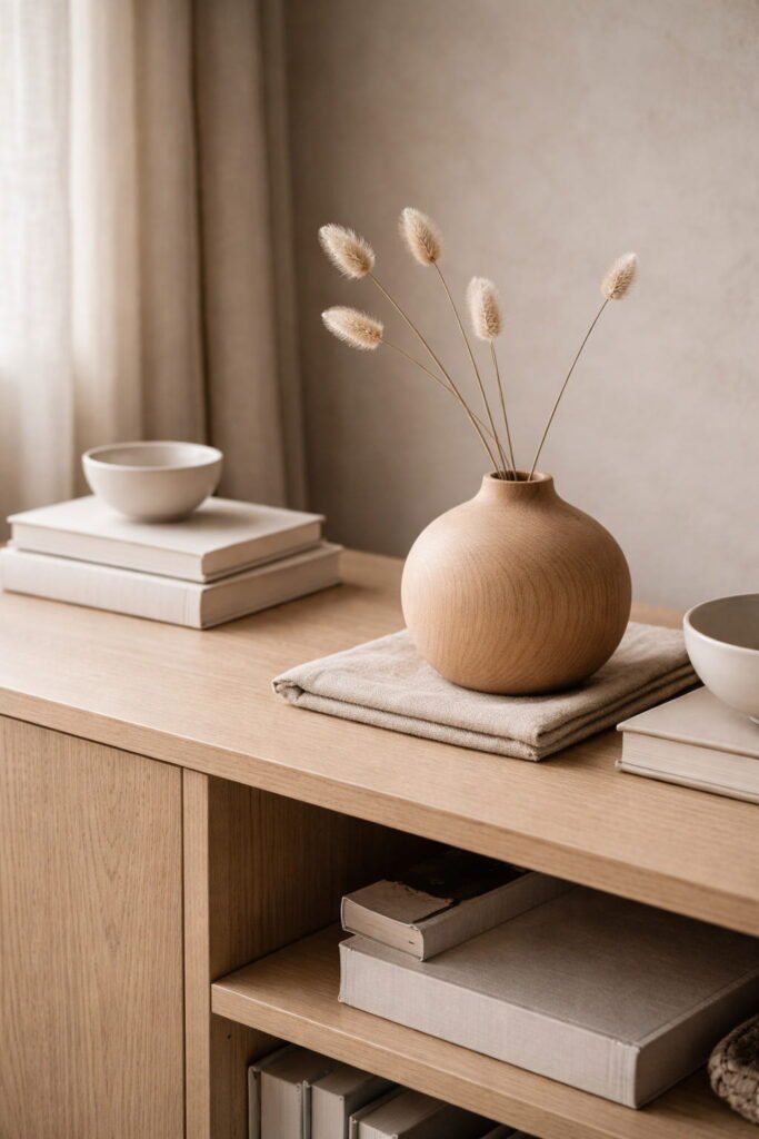 japandi book case with flower pot and books