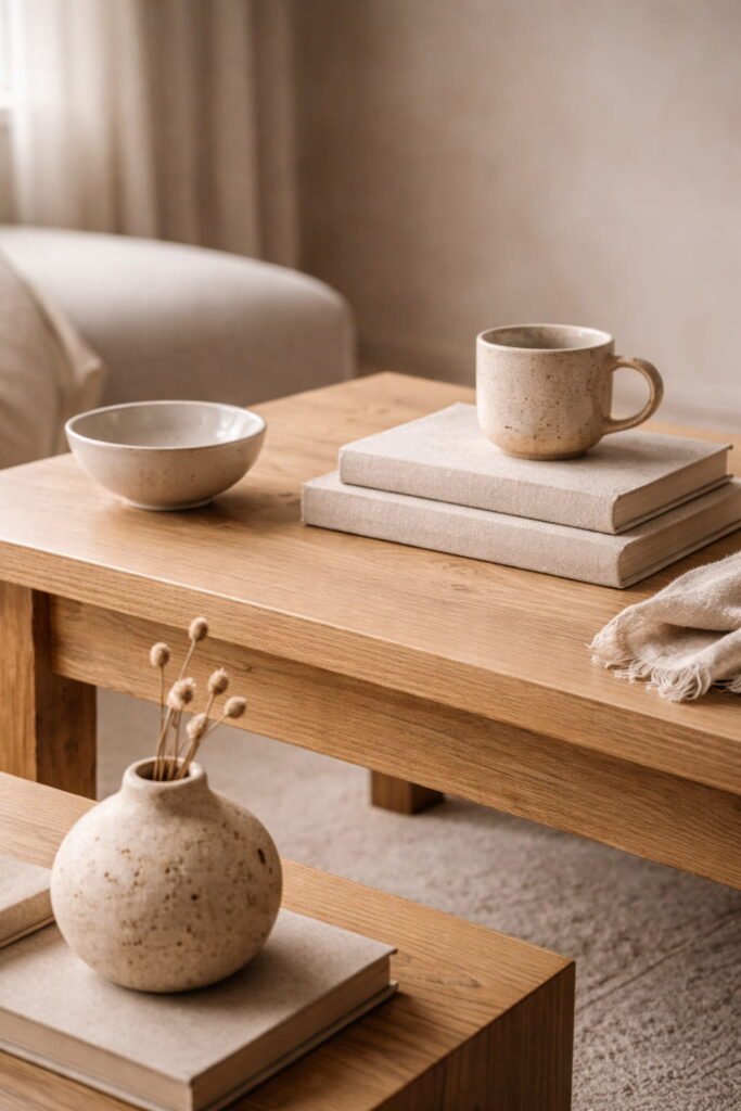 japandi style furniture with muted tones in living room