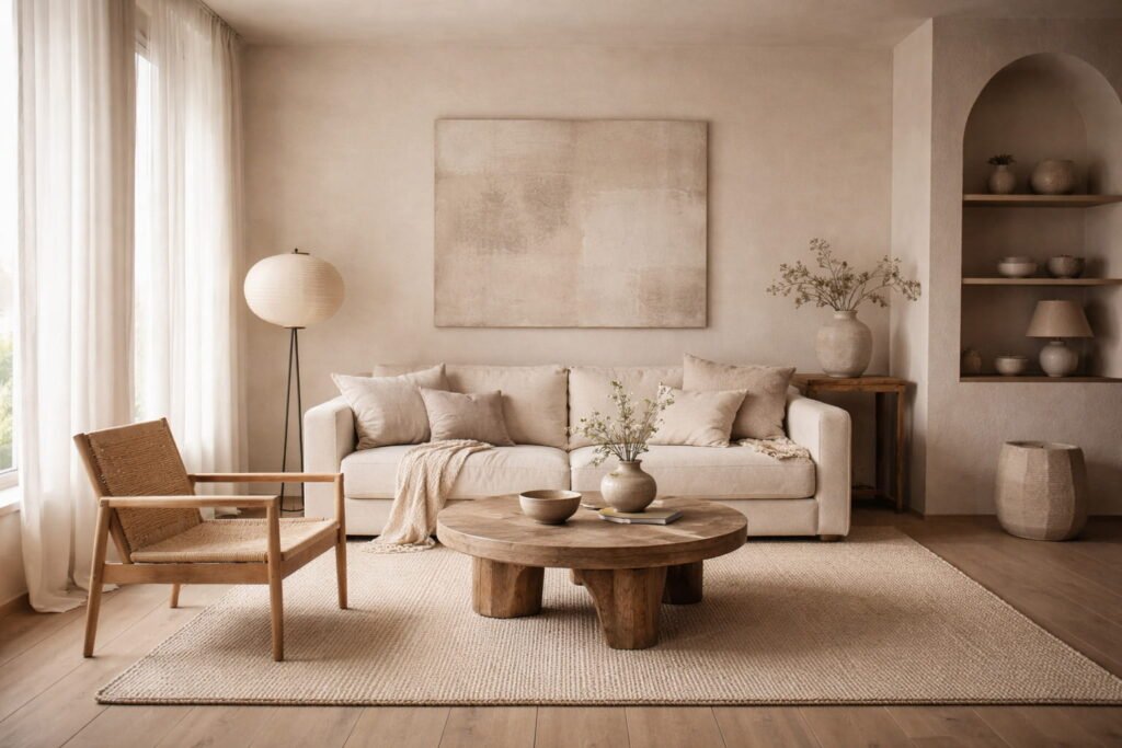 japandi style furniture in open living space with rounded pieces