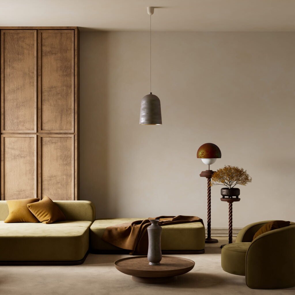 japandi low profile furniture in lounge room with burnt green couches