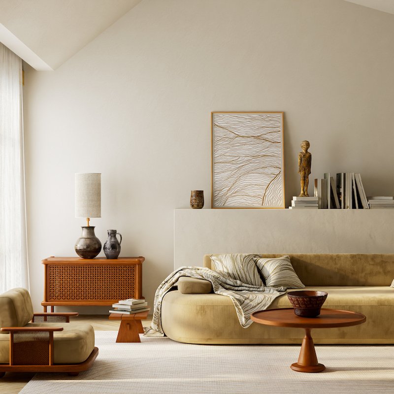 japandi design blog image of living room with burnt green coaches and pak