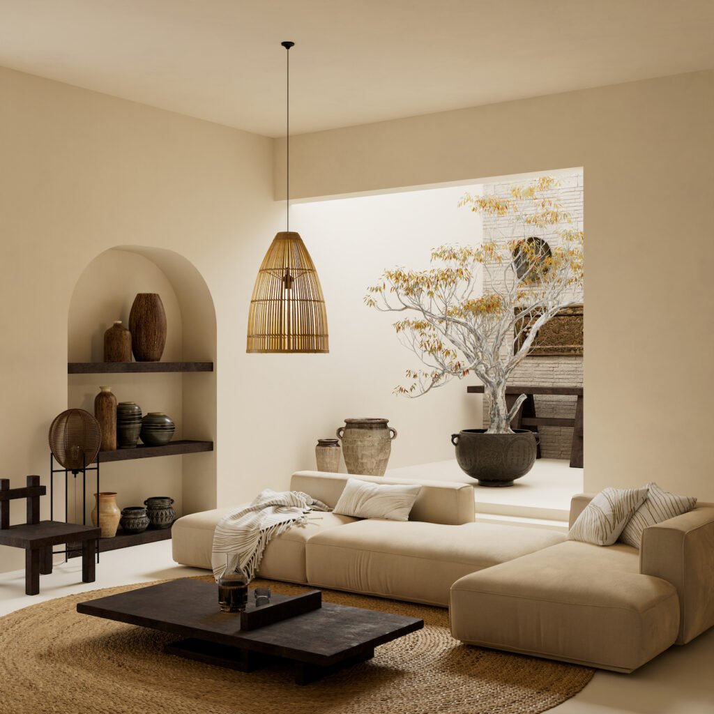 Modern wabi sabi living room interior with minimalist furniture, warm neutral palette, natural wood textures and balanced composition for calm contemporary spaces.