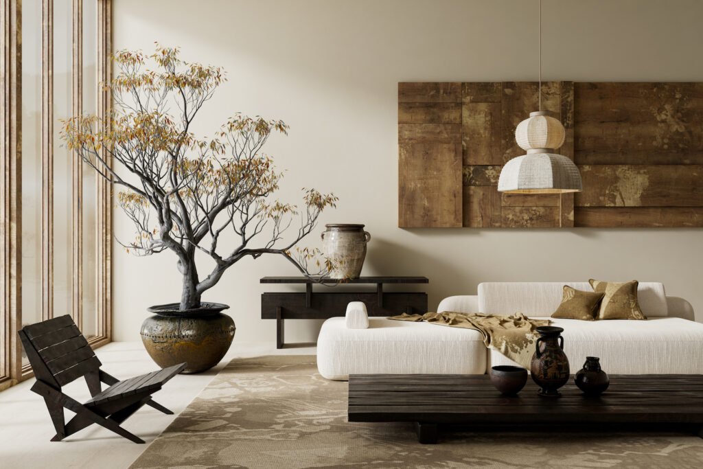 wabi sabi lounge room with earthy ornaments and arrangments