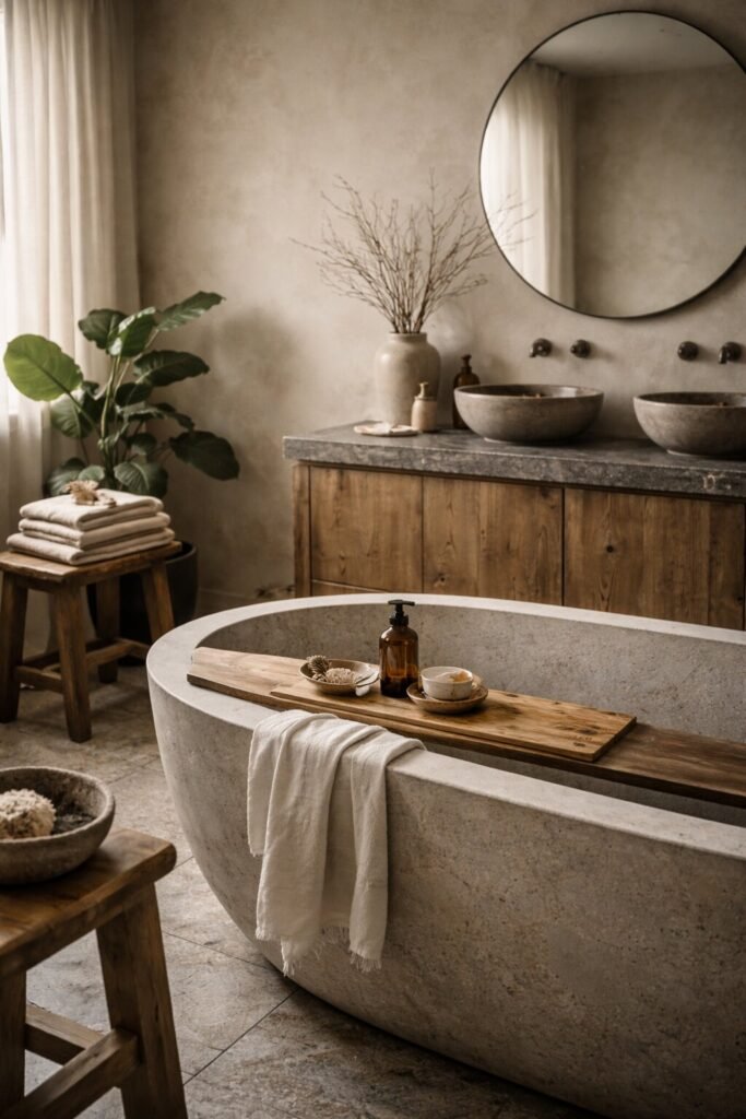 stone bathtub with wooden furniture arranged for wabi-sabi effect