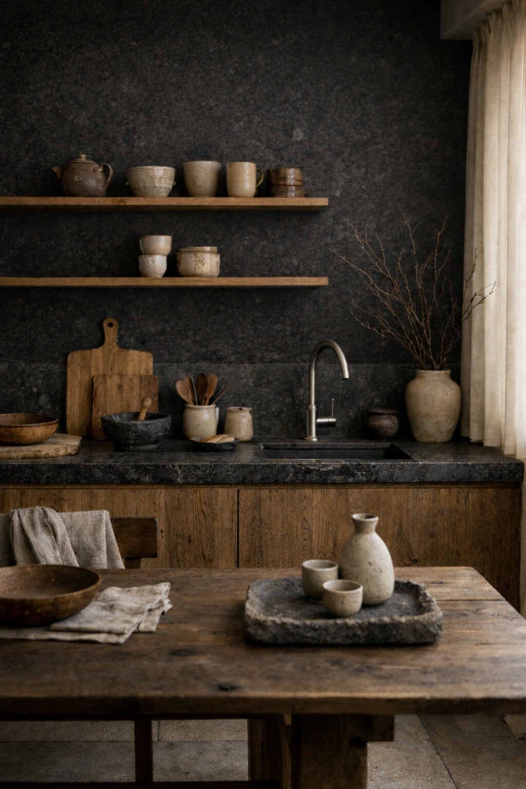 Serene wabi-sabi kitchen with rustic touches and stone splash back and imperfect cutlery