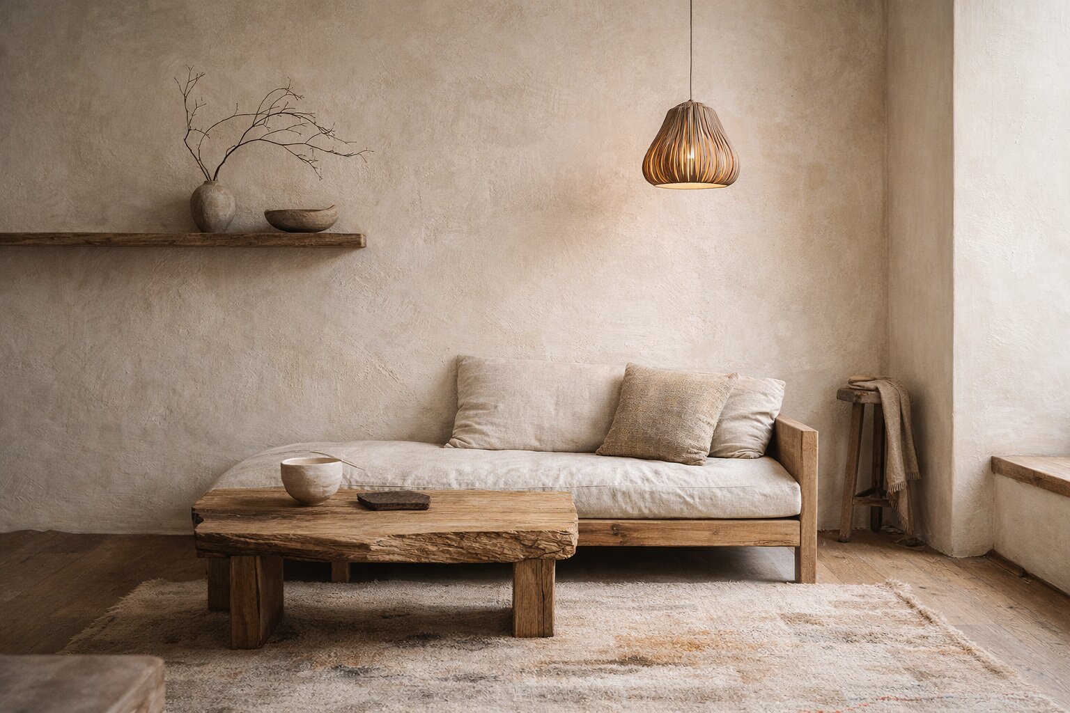 Wabi sabi living room interior with calm natural materials and organic textures