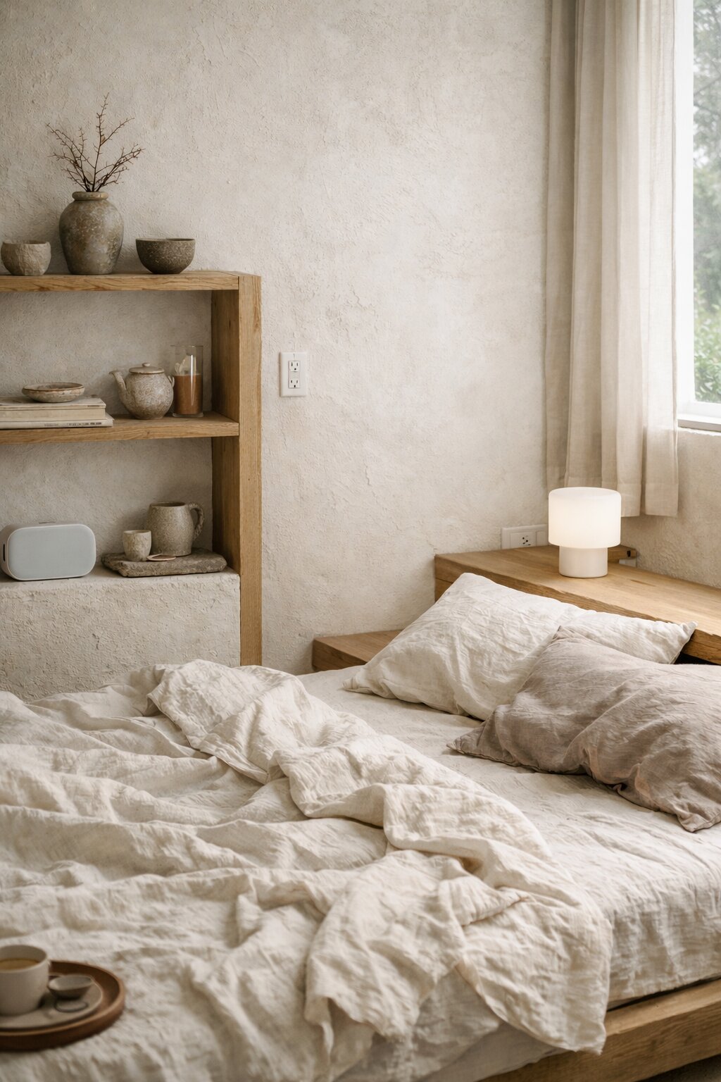 wabi-sabi bedroom with light coloured wood, imperfect pottery and beige bed covers