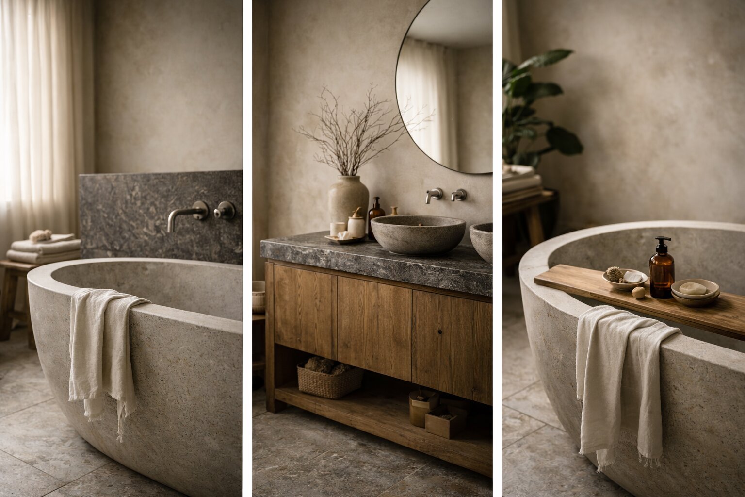 wabi sabi vanity , bathtub and spalsh back