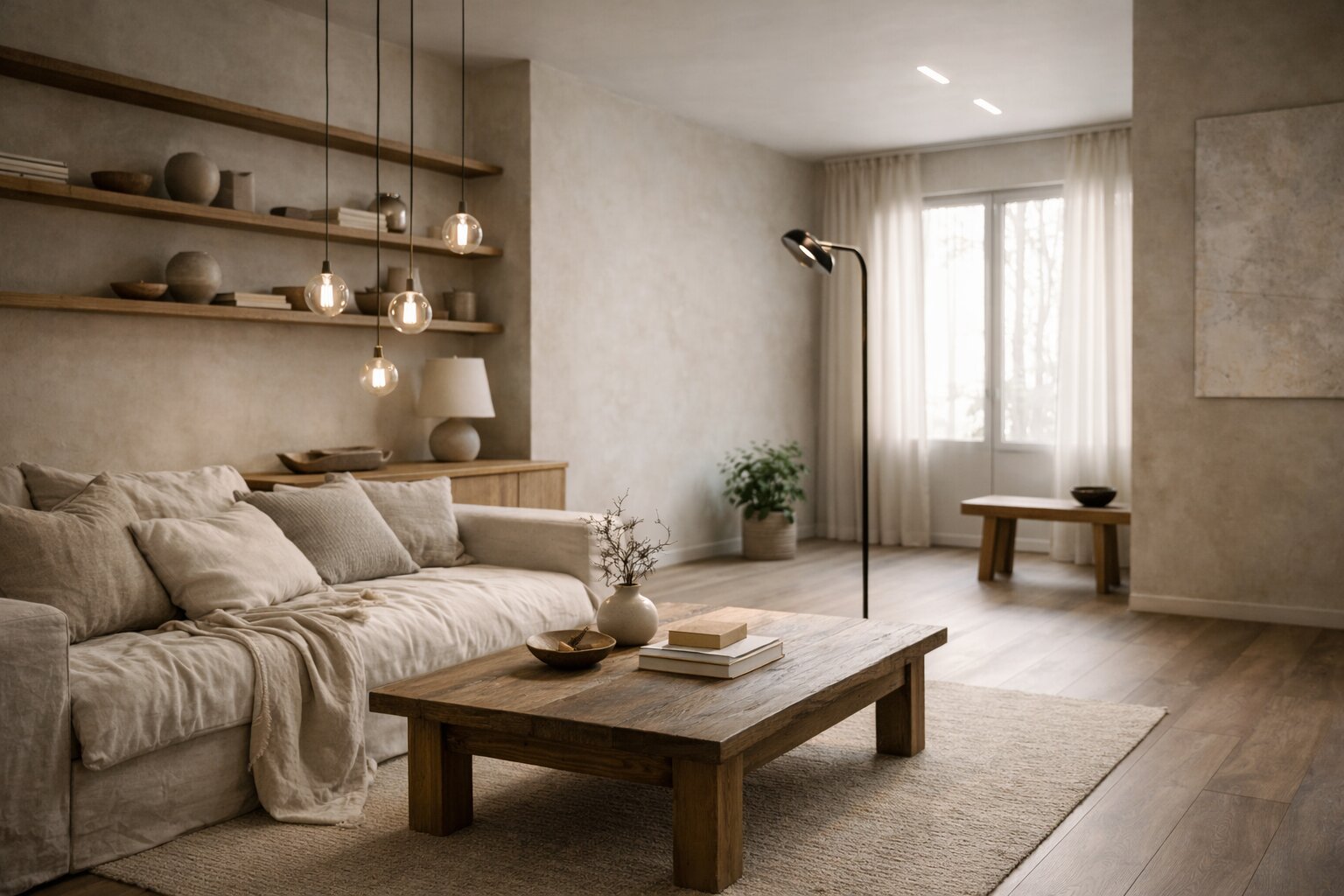 wabi-sabi living room with beige lounge and hanging lights