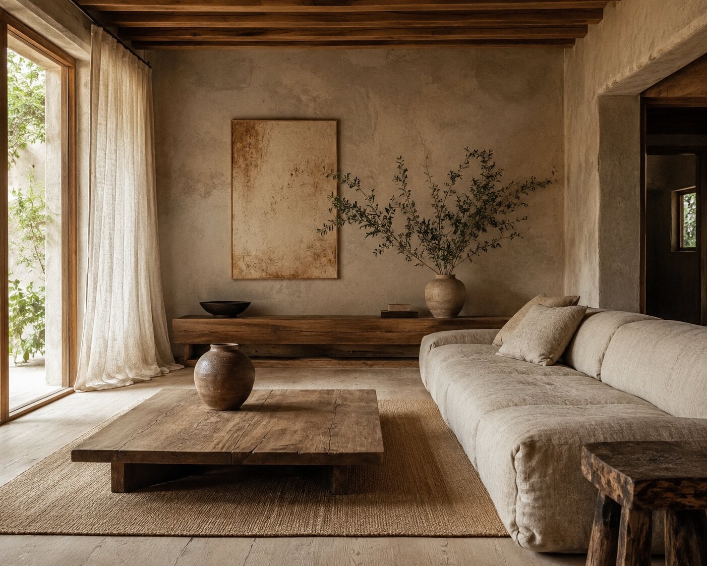 Wabi sabi inspired living room with natural textures rattan basket and ceramic bowl