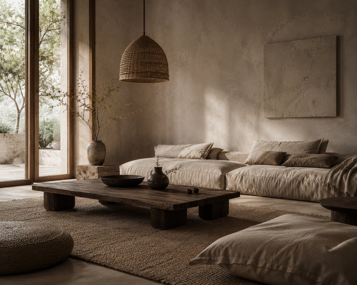 Wabi sabi living room with low profile sofa linen cushions and rattan pendant light
