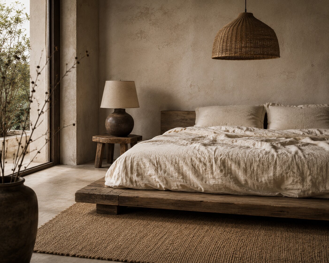 Wabi sabi bedroom with linen bedding natural wood low platform bed and ceramic lamp
