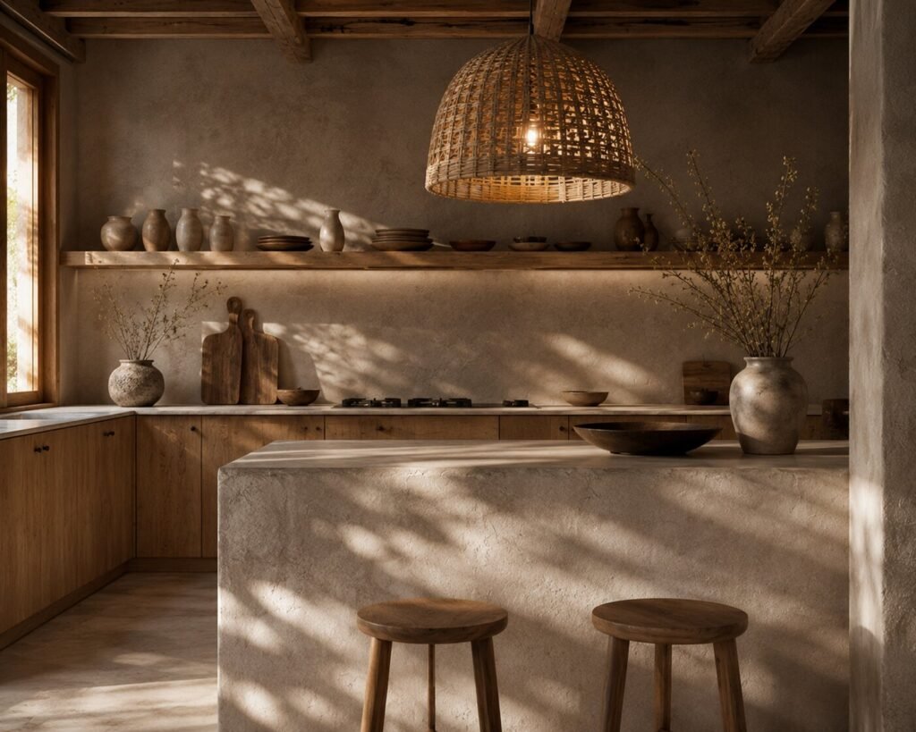 wabi sabi interior design kitchen with low lighting woven light pendant