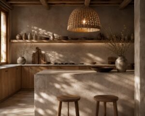 wabi sabi interior design kitchen with low lighting woven light pendant