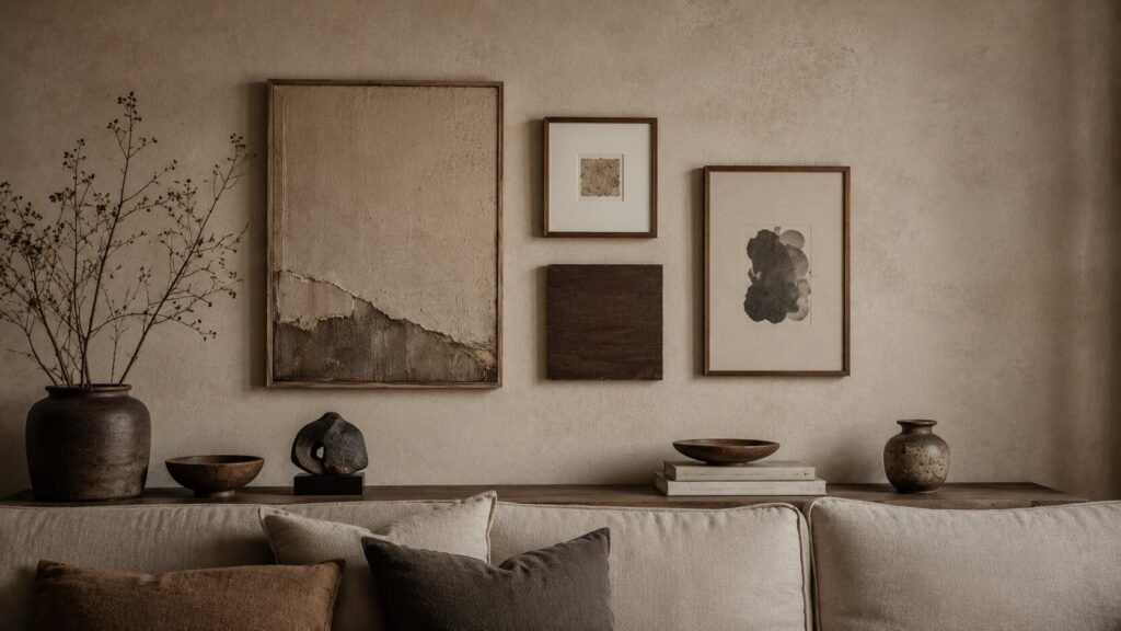 wabi sabi wall art arranged in big and small pieces in minimal home