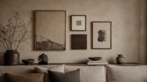 wabi sabi wall art arranged in big and small pieces in minimal home