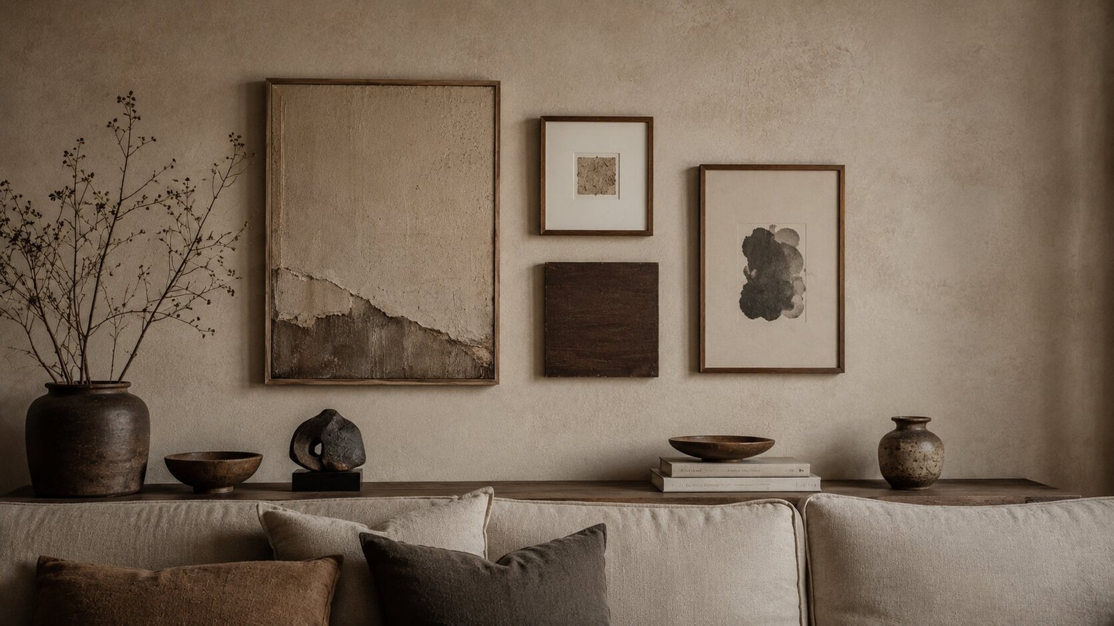 Wabi sabi wall art arranged in big and small pieces in a minimal home natural earthy interior