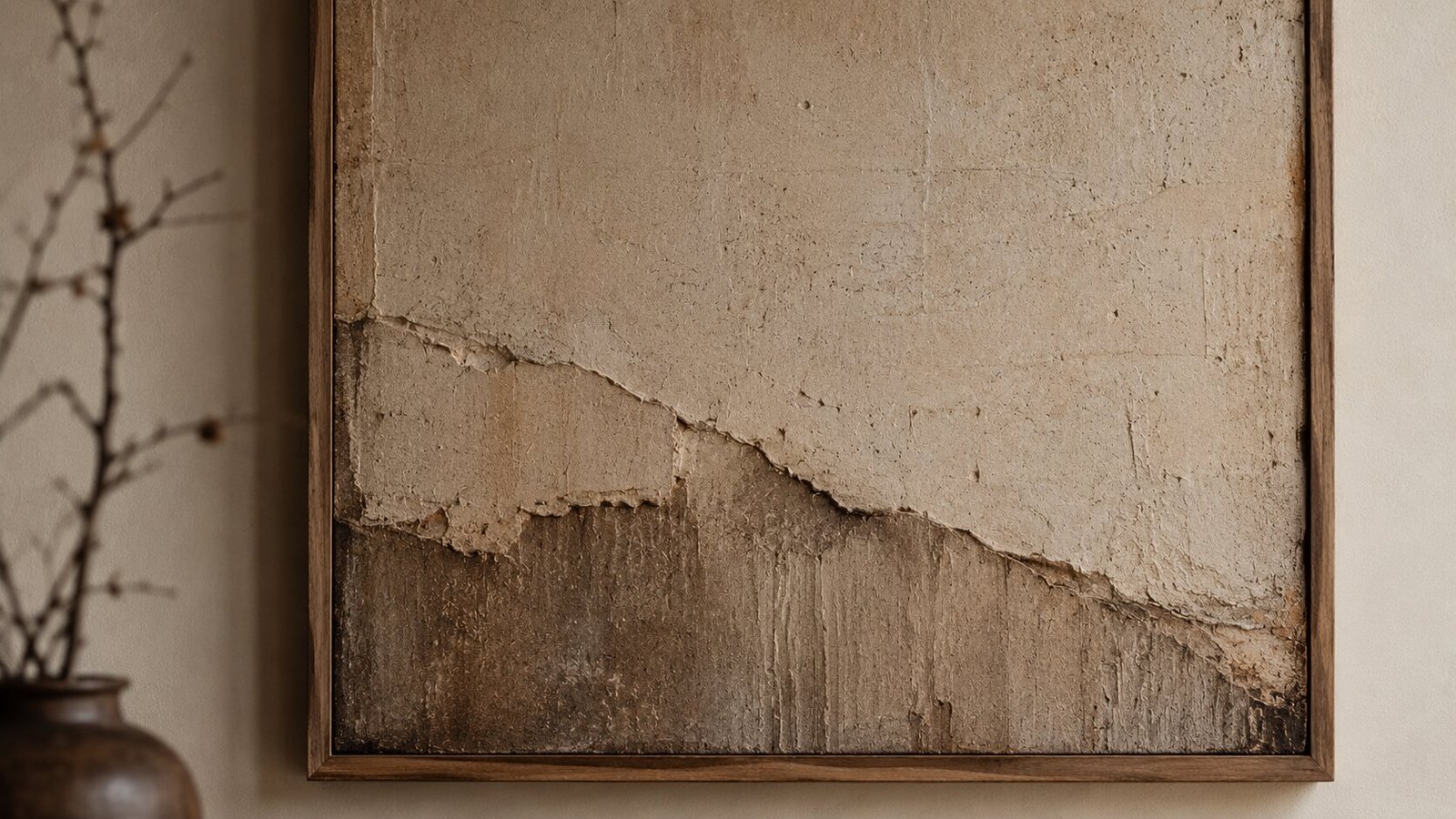 Close up of wabi sabi wall art imperfect beige textured piece showing natural handmade character