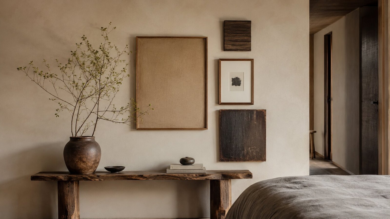 Wabi sabi wall art in a hallway setting in low light with earthy tones natural interior