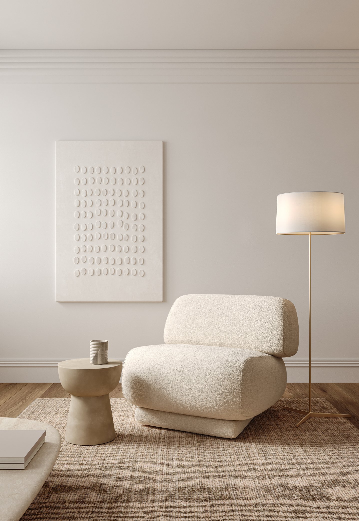 Japandi living room boucle chair sculptural side table floor lamp jute rug minimal wall art neutral palette