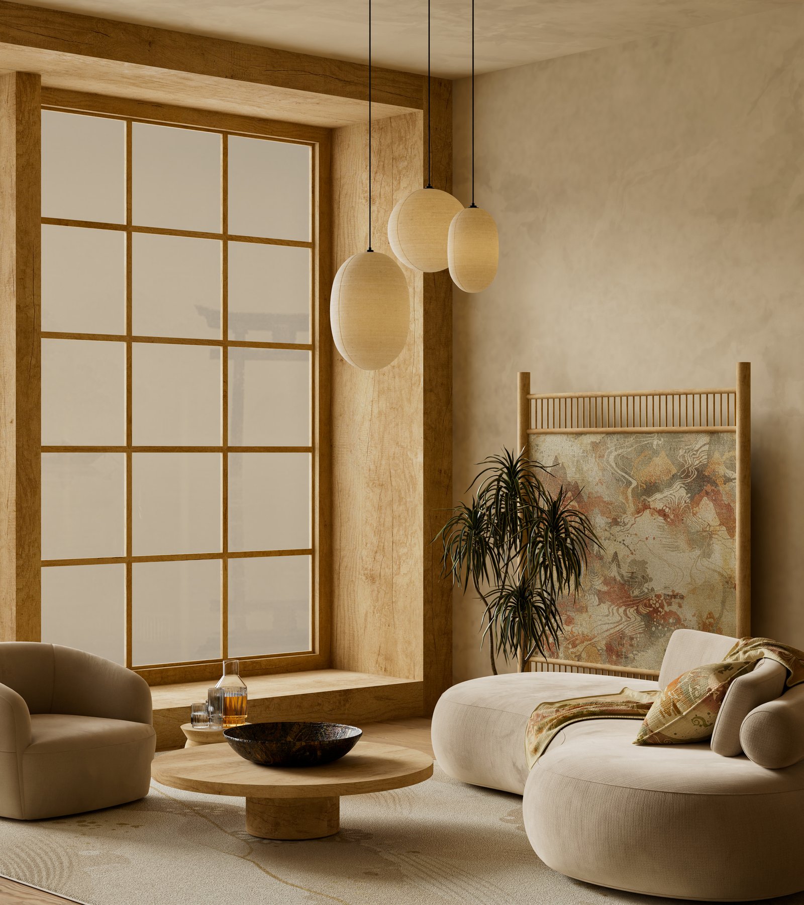Japandi interior washi paper pendant lights Japanese shoji window natural light round coffee table organic sofa warm amber tones